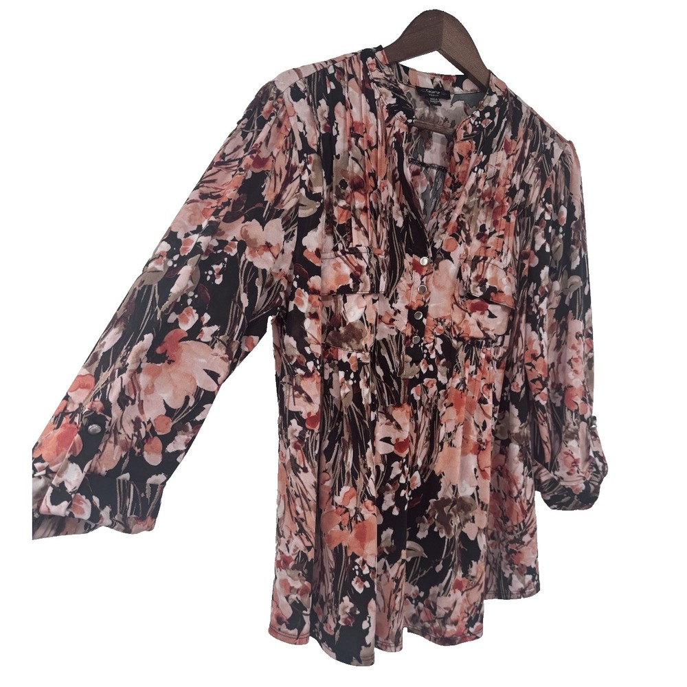 Cocomo Plus Sz 1X Floral Roll‎ Tab Sleeve Pintuck Button Top V-Neck Fall Blouse